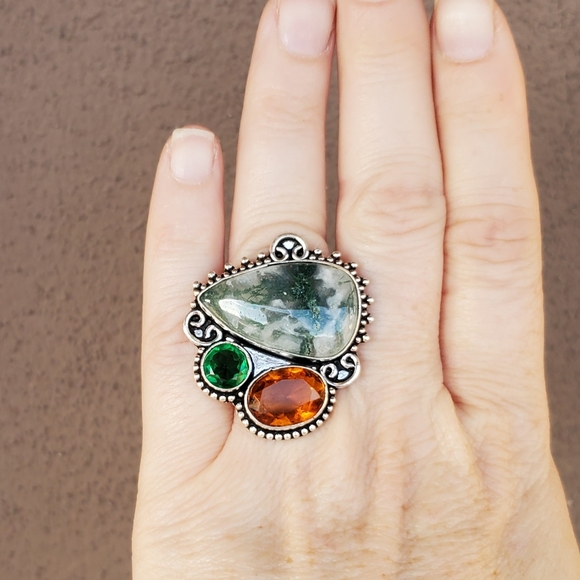 New Huge Moss Agate and Citrine 925 Silver Ring. - Picture 8 of 16